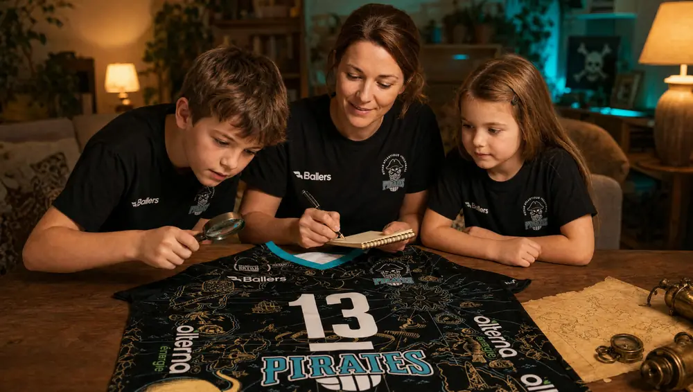 Une famille décrypte les indices imprimés dans le maillot des Pirates, loupe et carnet en main
